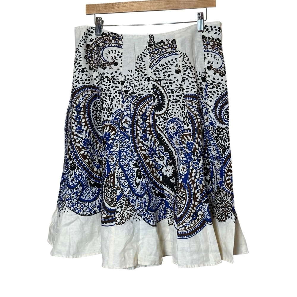 Studio JPR Linen Skirt Paisley Ivory Blue Brown Size Large Boho Knee Length